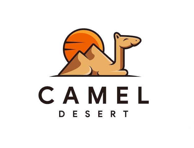Logo della mascotte dei cartoni animati di cammello e deserto Vettore Premium