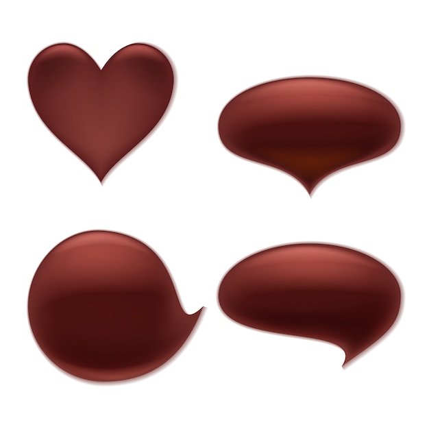 Macchia di cioccolato fondente macchia macchia set. cuore e forme rotonde curve astratte. Vettore Premium