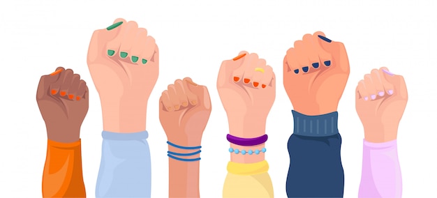 Mani delle donne con diverso colore della pelle. manifesto potere ragazza Vettore Premium