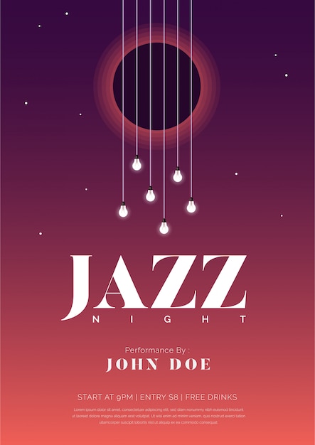 Manifesto di musica jazz di notte con corde e lampadine di chitarra Vettore Premium