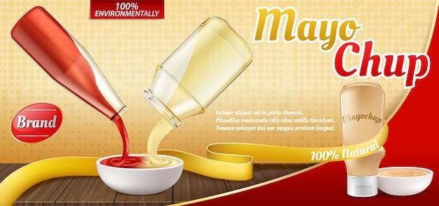 Manifesto pubblicitario realistico 3d con bottiglia di plastica con salsa mayochup e cottura di esso. Vettore gratuito