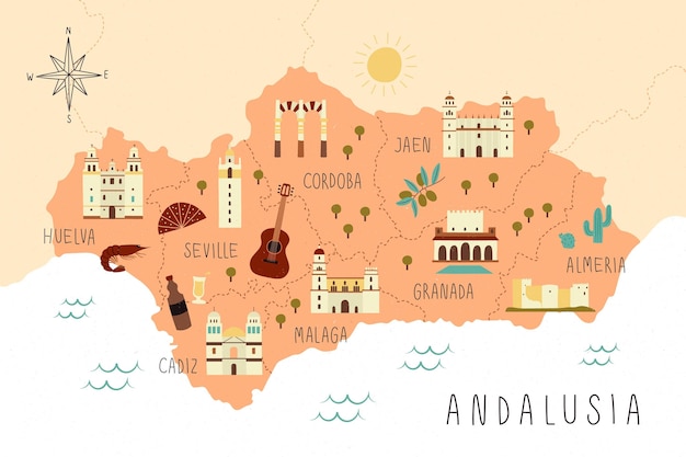 Mappa Dell'andalusia Con Punti Di Riferimento | Vettore Gratis