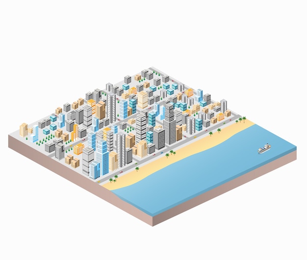 Mappa della città isometrica di spiaggia e palme città lungomare con un sacco di edifici, grattacielo Vettore Premium