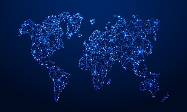 Mappa poligonale mappa del globo di digital, mappe blu della terra dei poligoni e illustrazione di griglia del collegamento a internet 3d del mondo Vettore Premium