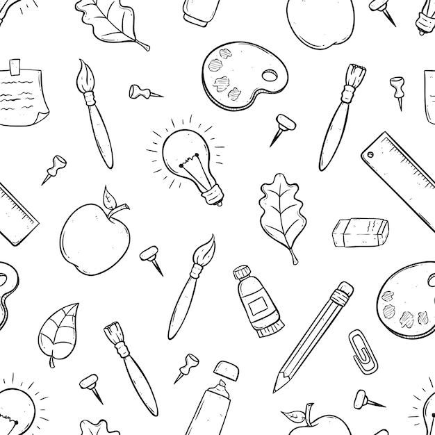 Materiale scolastico carino o elementi in seamless con l'arte di doodle Vettore Premium