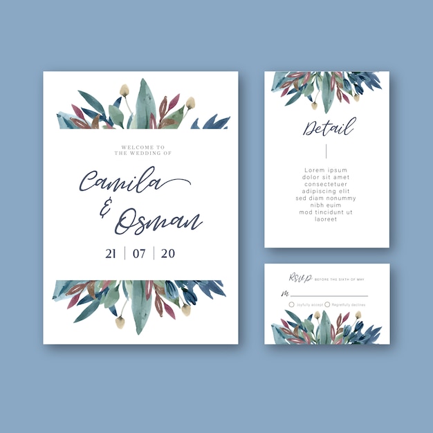 Matrimonio floreale della carta dell'invito del giardino della carta di nozze felice, dettaglio di rsvp. Vettore gratuito