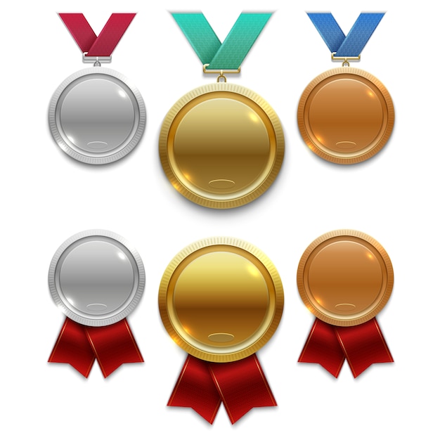 Medaglia d'oro campione, argento e bronzo con nastri rossi e colori isolati Vettore Premium