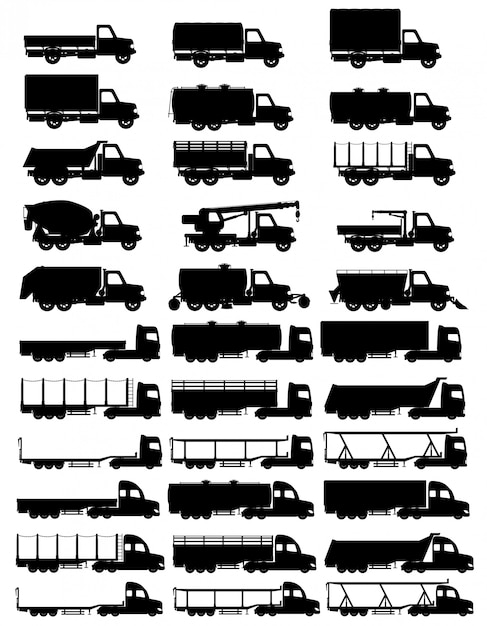 Metta l'illustrazione di vettore della siluetta del nero del rimorchio dei semi dei camion delle icone Vettore Premium