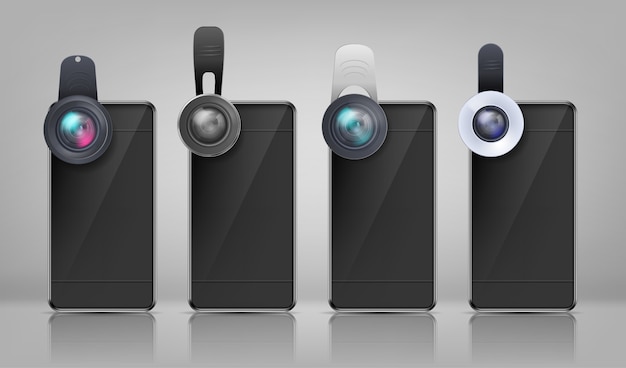 Mockup realistico, smartphone neri con varie lenti a scatto Vettore gratuito