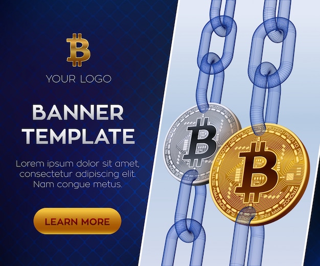 Modello di banner modificabile in criptovaluta. bitcoin. monete bitcoin dorate e argentate con catena wireframe. Vettore Premium
