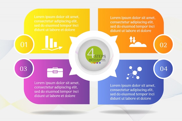 Modello di business design 4 opzioni o passaggi elemento grafico infografica. Vettore Premium