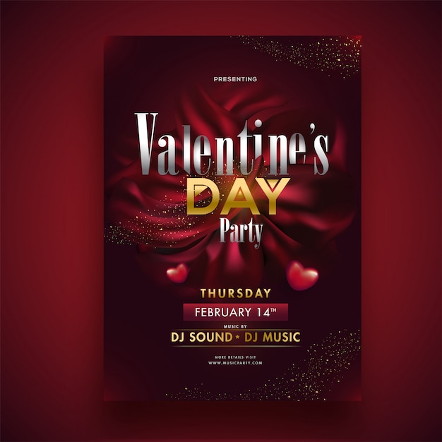 Modello di festa di san valentino o design della carta di invito con i dettagli di ora, data e luogo. Vettore Premium