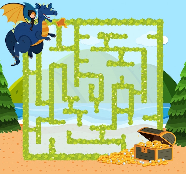 Modello di gioco del labirinto con drago e oro Vettore Premium