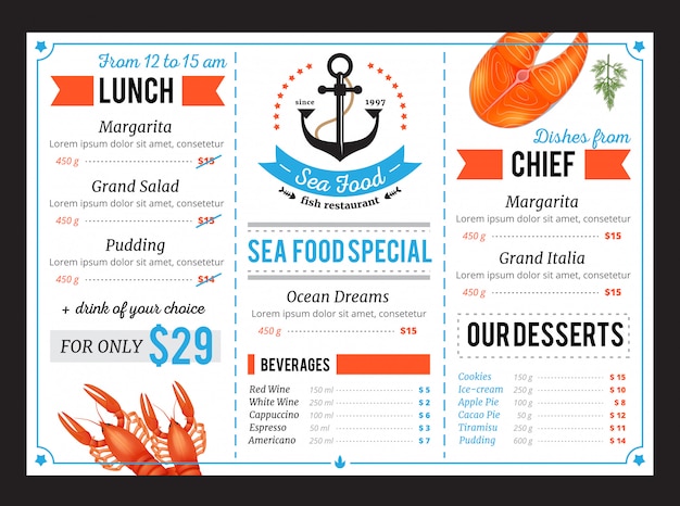 Modello di menu classico per i ristoranti di pesce con speciali piatti da chef e offerta per il pranzo a budget giornaliero Vettore gratuito