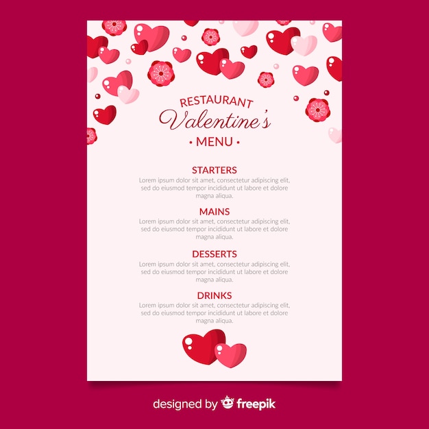 Modello di menu di san valentino cuori lucidi Vettore Gratis
