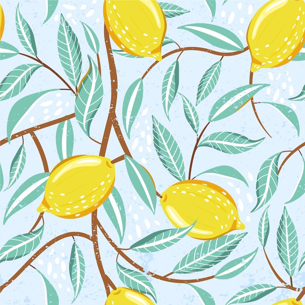 Modello di moda senza soluzione di continuità con frutti freschi di limone, foglie ed elemento astratto. Vettore Premium