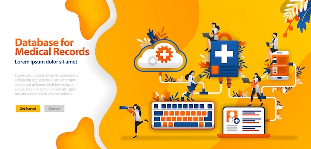Modello di pagina di destinazione con database cloud per cartelle cliniche e sistemi di comunicazione ospedalieri collegati in wifi, smartphone e laptop Vettore Premium