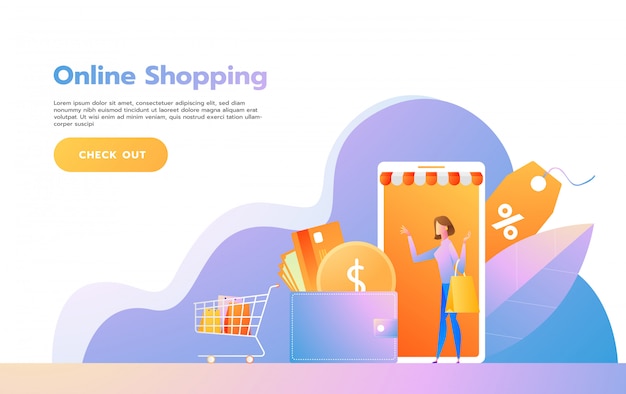 Modello di pagina di destinazione dello shopping online. moderno concetto di design piatto di progettazione di pagine web per sito web e sito web mobile. illustrazione vettoriale Vettore Premium