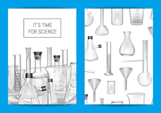 Modello di scheda, volantino o brochure per laboratorio chimico o lezioni di chemitry con tubi di vetro e posto per il testo Vettore Premium
