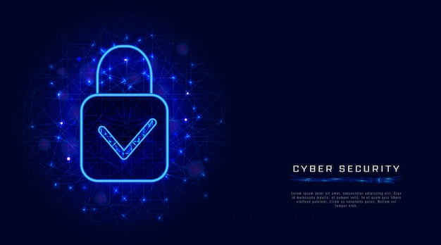 Modello di sicurezza informatica con lucchetto e segno di spunta su sfondo blu astratto. design di banner Vettore Premium