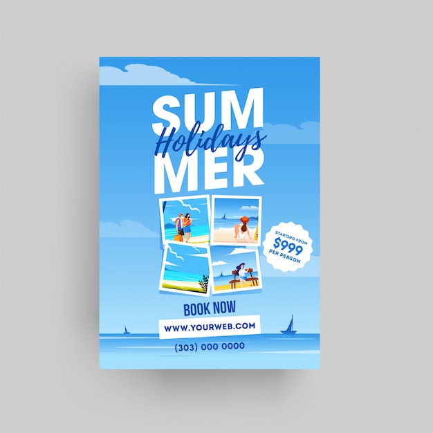 Modello di sito web di vacanze estive o design flyer in vista mare Vettore Premium
