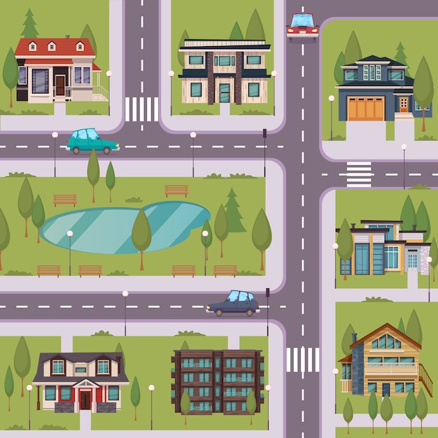 Modello piatto di campagna con case residenziali suburbane Vettore gratuito