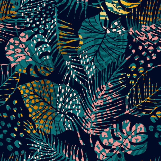 Modello senza cuciture alla moda con piante tropicali, stampe animalier e trame disegnate a mano. Vettore Premium