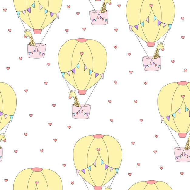 Modello senza cuciture con la giraffa in un palloncino e cuori. Vettore Premium