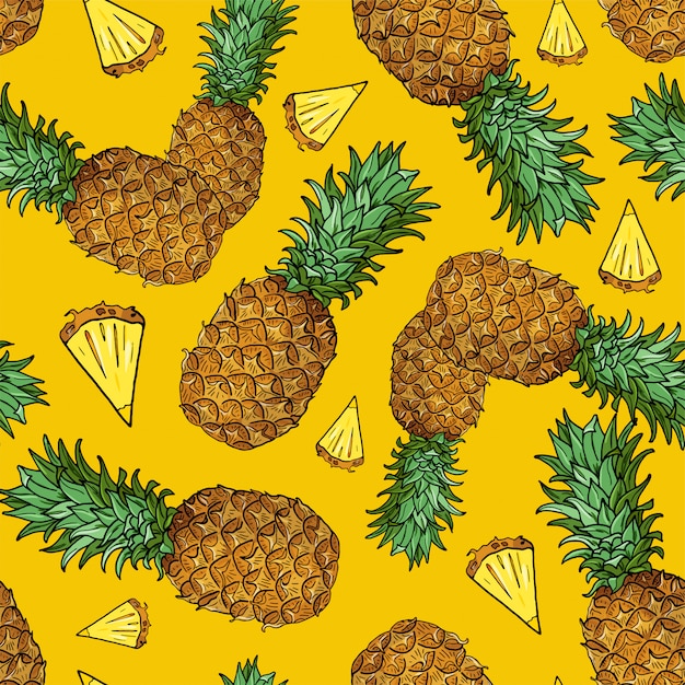 Modello senza cuciture con un pezzo di frutta tropicale sul giallo Vettore Premium