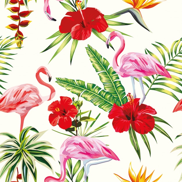Modello senza cuciture dei fiori e delle piante del fenicottero della composizione tropicale Vettore Premium