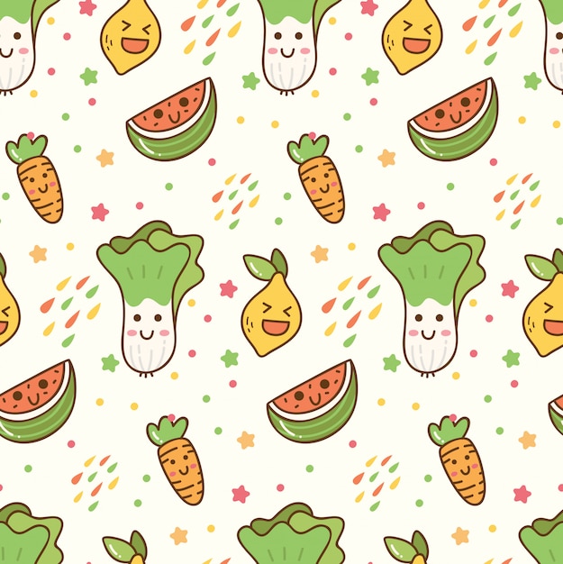 Modello senza cuciture di kawaii di frutta e verdura del fumetto Vettore Premium