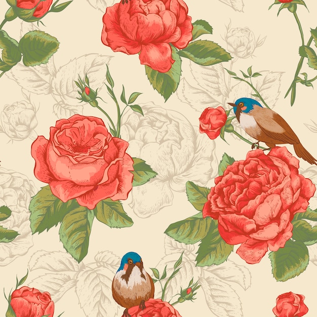 Modello senza cuciture floreale botanico con rose e uccelli Vettore Premium