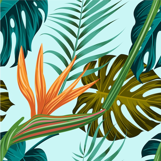 Modello senza cuciture floreale con fondo tropicale delle foglie Vettore Premium