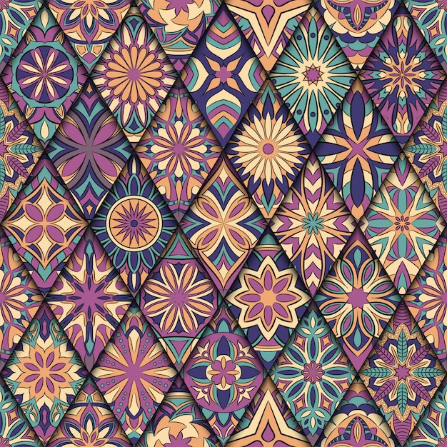 Modello senza cuciture floreale decorato con mandala vintage Vettore Premium