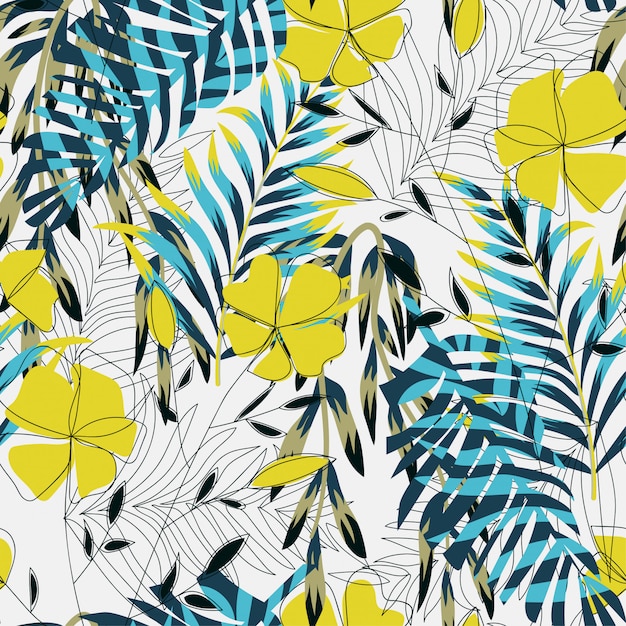 Modello senza cuciture luminoso tropicale con foglie e piante colorate Vettore Premium