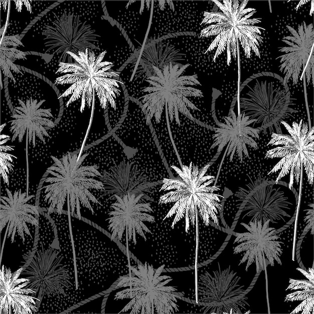 Modello senza cuciture monocromatico in bianco e nero strato tropicale degli alberi del plam sul modello senza cuciture di umore di struttura della corda del marinaio. Vettore Premium