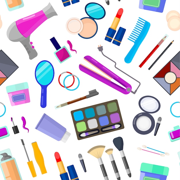 Modello senza cuciture variopinto degli strumenti per trucco e bellezza su bianco Vettore Premium