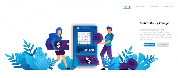 Modello web della pagina di destinazione. facile moderno mobile apps di cambio di denaro design, dollari isometrici e denaro, concetto di servizio bancario online Vettore Premium