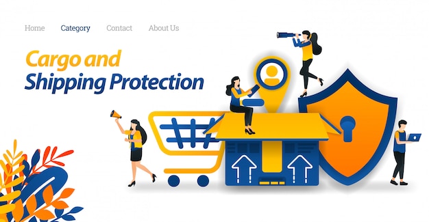 Modello web della pagina di destinazione per i servizi di spedizione proteggi tutti i tipi di pacchetti e carichi con la massima sicurezza fino alla codifica dei clienti. Vettore Premium