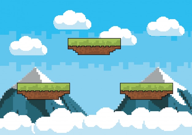 Mondo di gioco arcade e scena di pixel Vettore gratuito