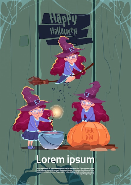 Mosca sveglia della strega sul bastone della scopa, cuoco potion in pot, concetto felice di celebrazione del partito del manifesto di halloween Vettore Premium