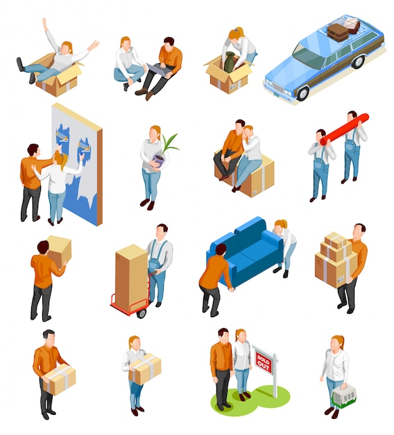 Moving people isometric set Vettore gratuito