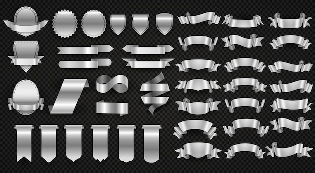 Nastri d'argento e acciaio, set di stendardi metallici Vettore Premium