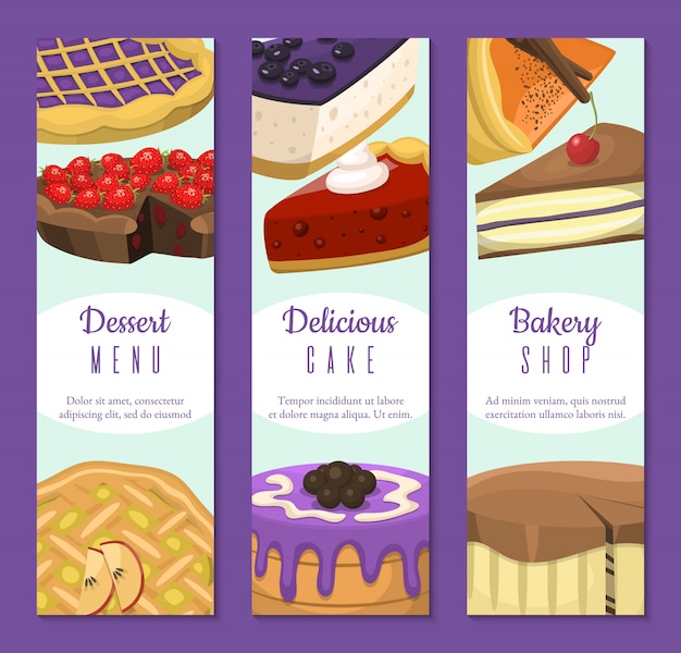 Negozio di dolci set di banner. dolci al cioccolato e fruttati per pasticceria Vettore Premium