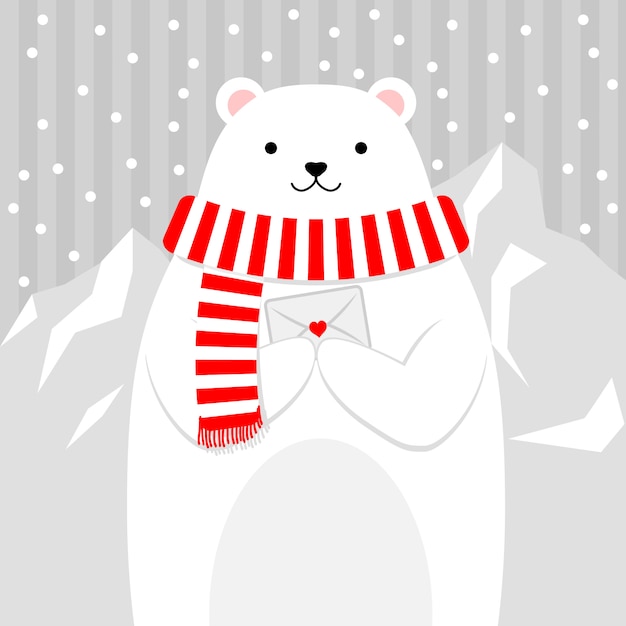 Orso carino nella neve in possesso di una lettera Vettore Premium
