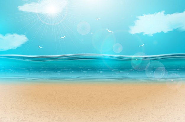 Paesaggio blu dell'oceano con cielo nuvoloso Vettore Premium