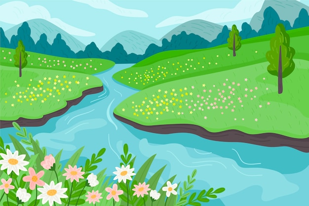 Paesaggio primaverile in design piatto Vettore gratuito