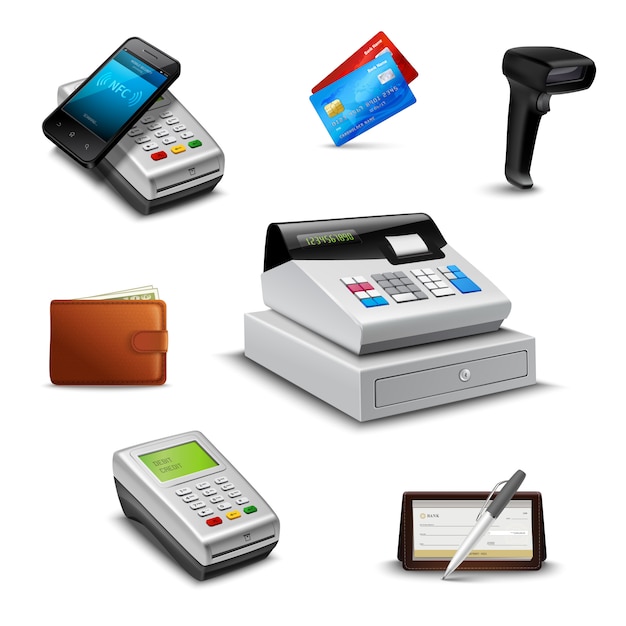 Pagamento realistico set con lettore di codici a barre wallet check Vettore gratuito