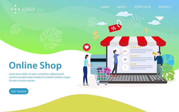 Pagina di atterraggio del negozio online, modello di sito web, facile da modificare e personalizzare, illustrazione vettoriale Vettore Premium
