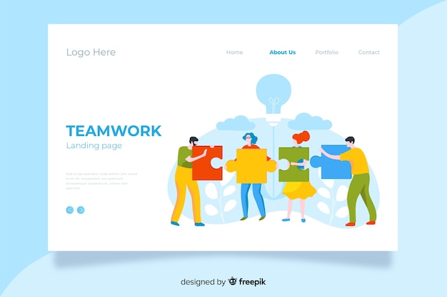 Pagina di destinazione di lavoro di squadra design piatto multicolor con personaggi in possesso di pezzi del puzzle Vettore gratuito